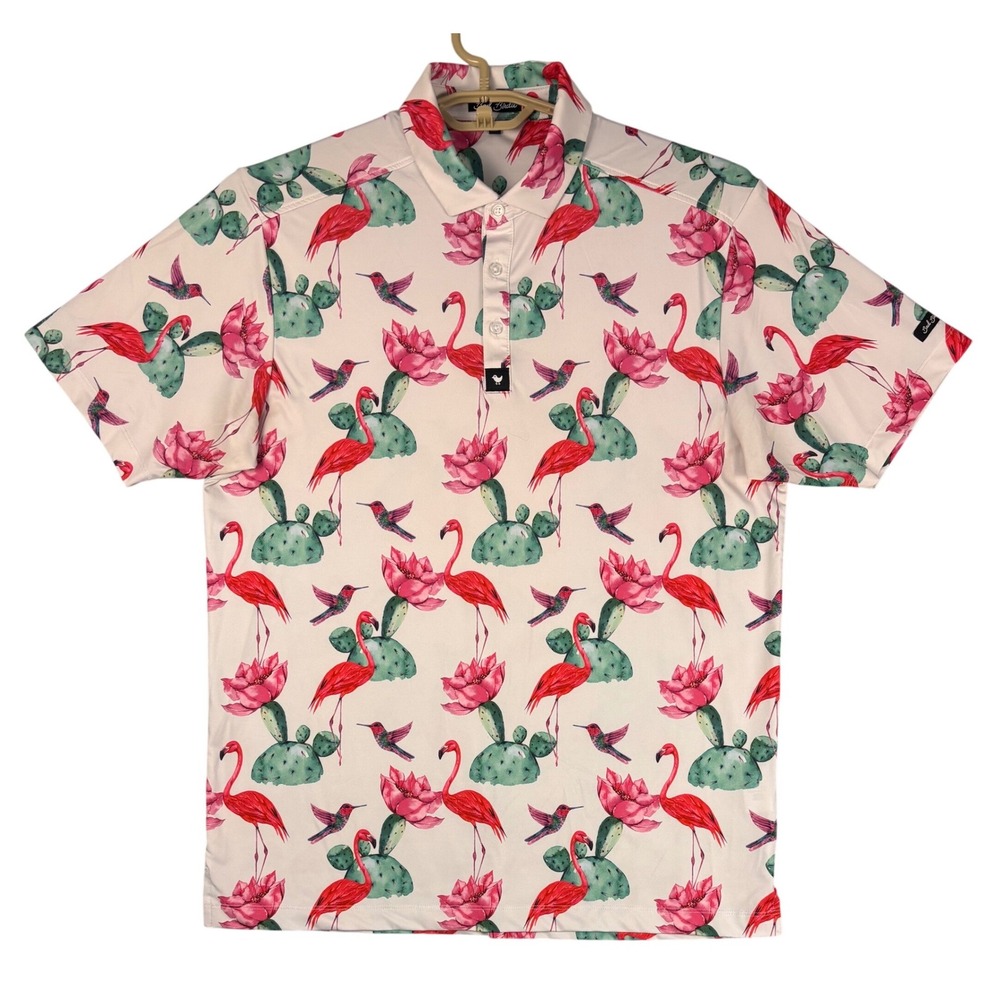 Bad Birdie Mens Flamingo Cactus Hummingbird Golf Polo Shirt Pink Large L‎